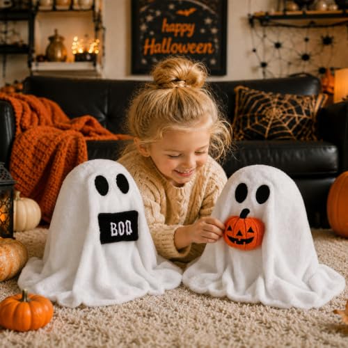 Halloween Ghost Throw Pillows - Set of 2 Soft Plush Ghost Shaped Cushions for Couch & Bed, 14 x 12 Inches