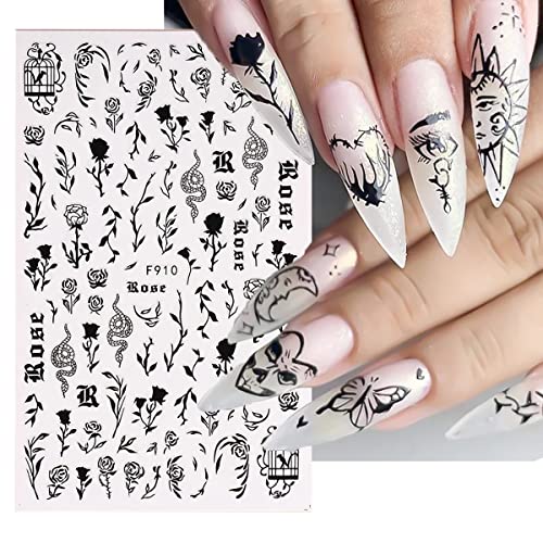 Gothic Nail Art Stickers Decals - Black & White Star Moon Flower Snake Design - Eye-2