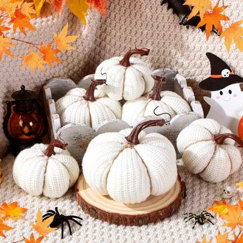 White Crochet Pumpkin Decor Set - 6 Large 6-Inch Fall Halloween Thanksgiving