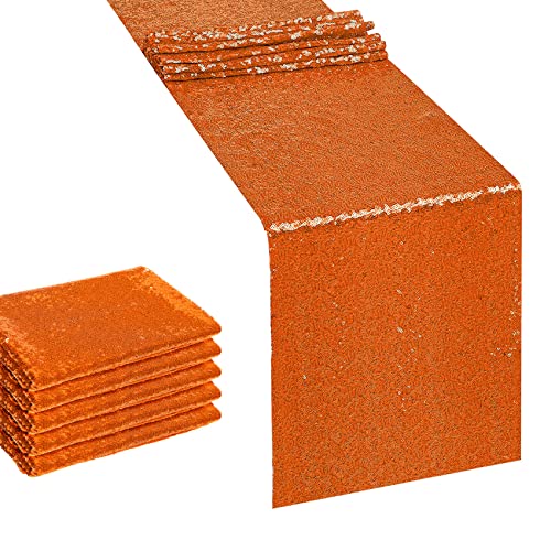 12x108 Inch Sequin Table Runner Set - 6 Pieces Orange Glitter Event Decor