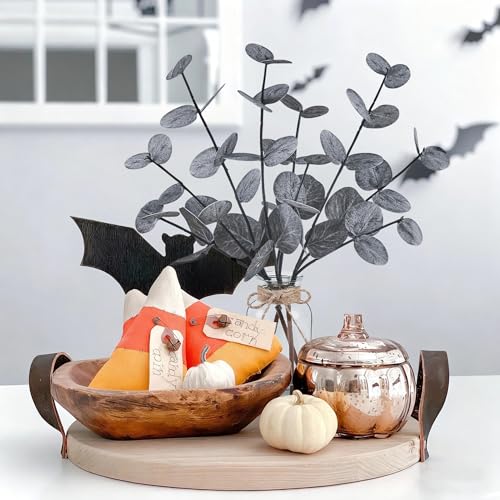 Black Faux Eucalyptus Stems in Glass Vase - Realistic Artificial Plants, 13.5" for Home Decor, Office & Farmhouse