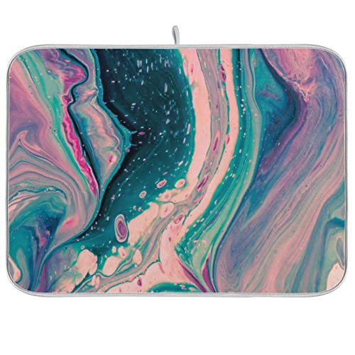 Super Absorbent Microfiber Dish Drying Mat 24x18 Inches - Marble Pink Green - Flexible & Quick-Drying Kitchen Pad with Hang Loop