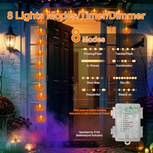 Halloween String Lights 16FT 50 LED Pumpkin Fairy Lights Battery Operated with 8 Modes