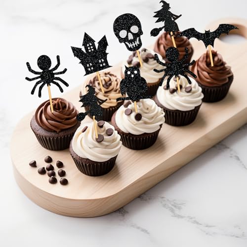 Halloween Cupcake Toppers 36Pcs Spooky Party Decor Bat Skull Ghost Owl