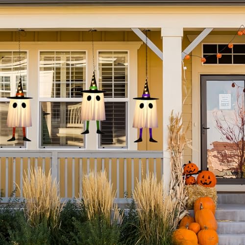 Halloween Ghost Decorations Lights Set of 3 Hanging Witch Hat Light Decor - Variation: Ghosts