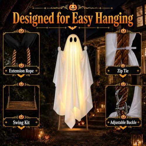 5FT Swinging Ghost Halloween Outdoor Decor with Remote LED Lights