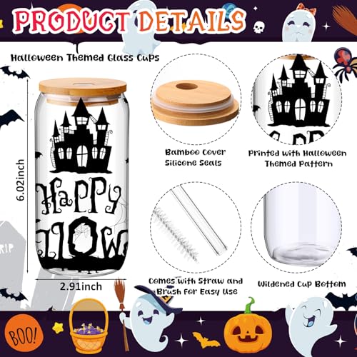 Halloween Glass Cups Set - 12 Spooky Ghost Drinking Glasses with Lids & Straws