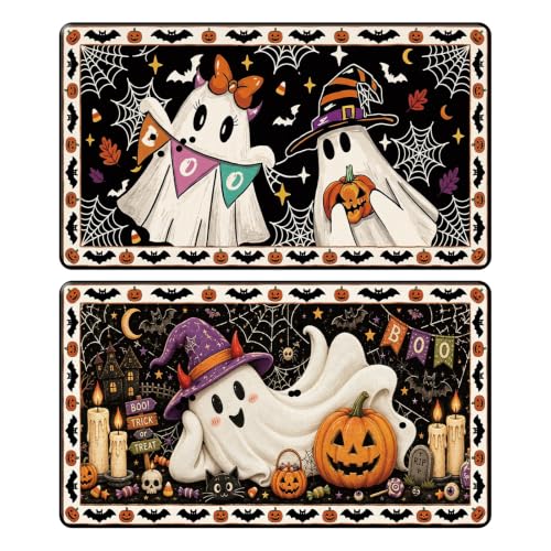 Halloween Door Mat Set of 2 - Non-Slip Cute Boo Ghost Doormats - Fall Decor