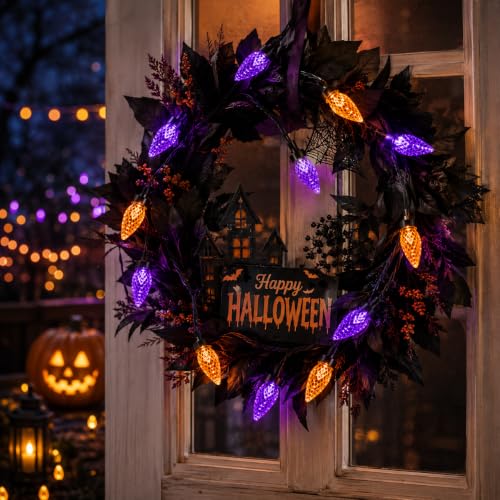 Halloween String Lights Battery Operated 29.5 Ft 100 LEDs C6 Color Change with 8 Modes - Orange