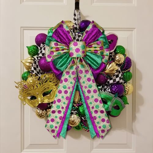Purple Mardi Gras Tree Topper Bow Decor - 12x20 Glitter Wreath for Holiday & Party