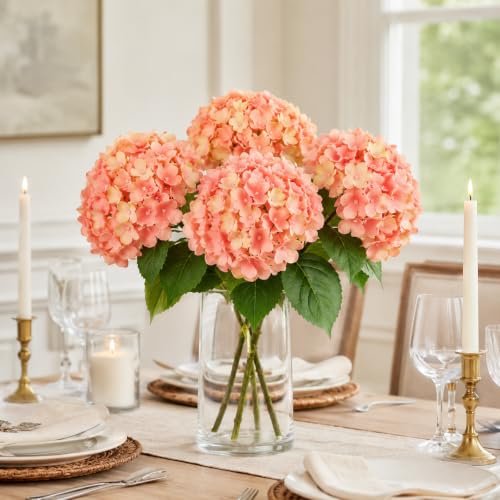 Pink-Orange Hydrangea Artificial Flowers for Outdoor - UV Resistant, 8Pcs
