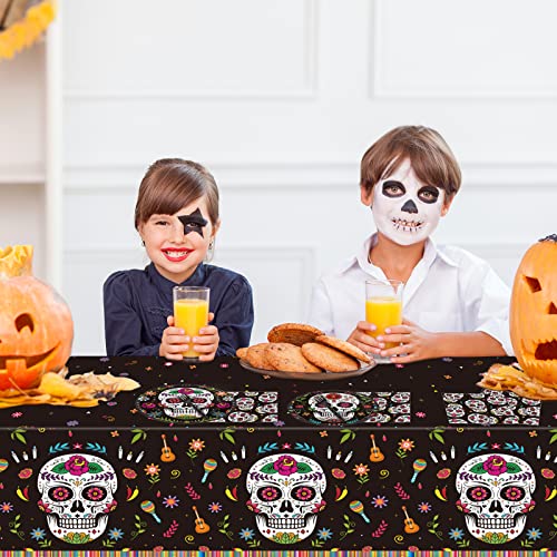 Day of the Dead Party Supplies Set - Skull Tablecloth Plates Napkins & Cutlery - Mexican Fiesta Halloween Birthday Decor