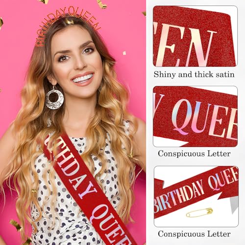 Red Birthday Sash and Crown Set for Women - Happy Birthday Decorations