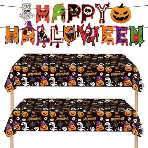 Halloween Disposable Plastic Tablecloths with Banner - 2 Pack, 54x108 Inch, Black & Orange