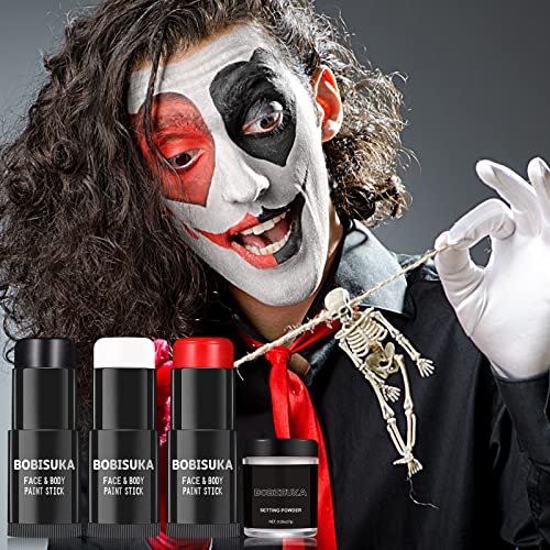 Face Paint Stick Set with Setting Powder - Black, White, Red Clown Joker Skeleton