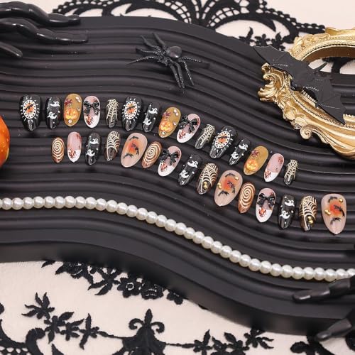 30Pcs Halloween Press On Nails Almond Shape - Spooky Ghost Bat Pumpkin Pattern - Variation 05