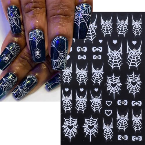 Halloween Nail Stickers Set - 4 Sheets 5D Embossed Spider Web Ghost Rhinestones