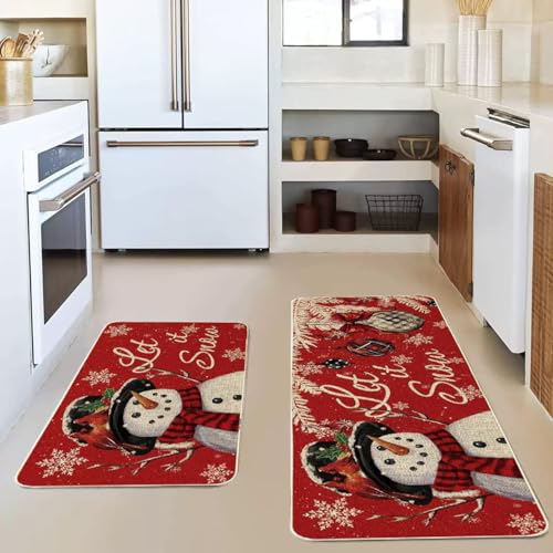Christmas Kitchen Rugs Set 2-Piece Snowman Holiday Non-Slip Washable Mats
