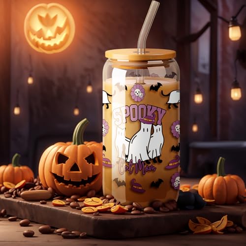 Halloween Ghost & Cat Glass Cup with Lid Straw & Brush 16 oz - Cute Spooky Drinkware