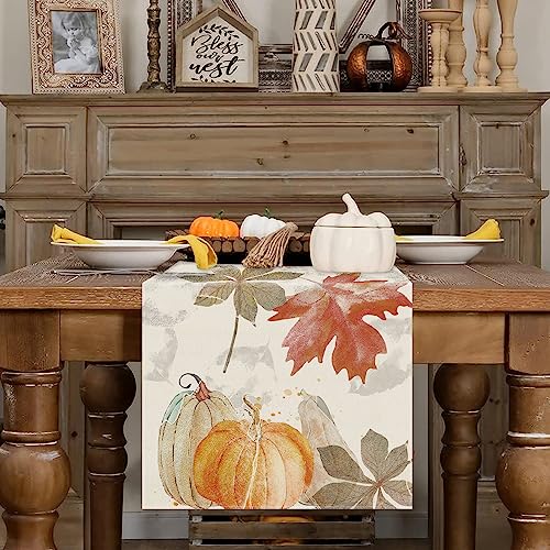 Fall Table Runner Pumpkin Maple Leaf Watercolor 13x72 Inch Seasonal Autumn Dining Decor - GAGEC
