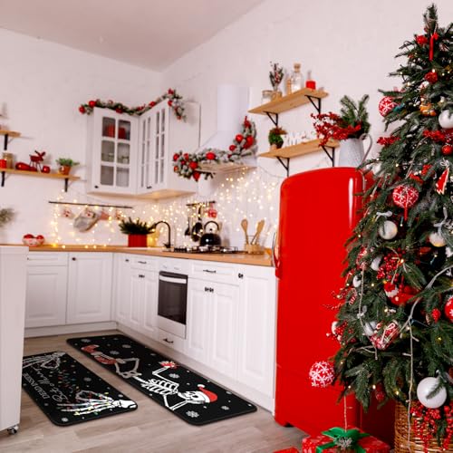 Christmas Skeleton Kitchen Rugs Set - Non Slip Halloween Decor Mats, 3 Sizes