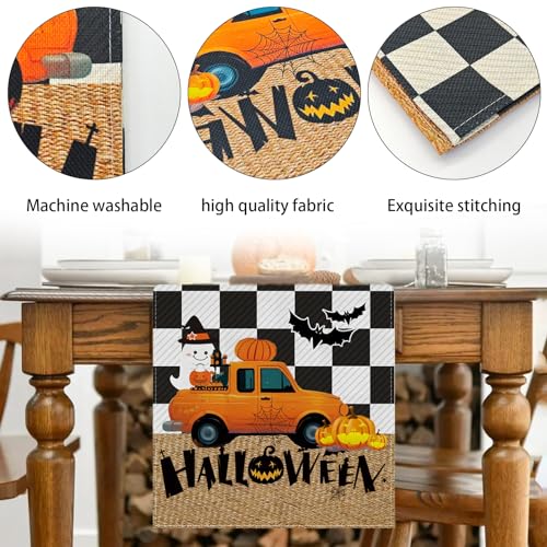 Halloween Table Runner 13x72 Inch Linen Fall Decor with Bat Pumpkin Ghost Trucks - Spooky Seasonal Tablecloth