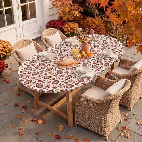 Fall Fitted Tablecloth for 64x44 Inch Oval Table - Brown Leaf Football Design - Caramel Variation