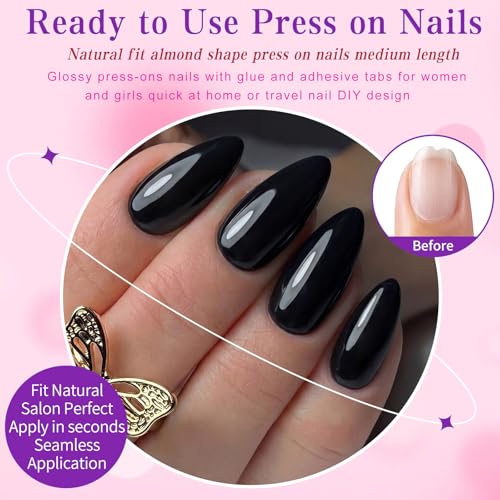 Black Medium Almond Press On Nails Kit - 240pcs Fake Nails with Glue Tabs & Tools