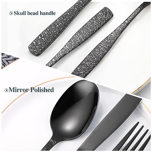 Skull Embossed Silverware Set for 8 - 40-Piece Black Flatware Cutlery Set with Gothic Pattern - Mirror Finish, Vintage Style, Dishwasher Safe