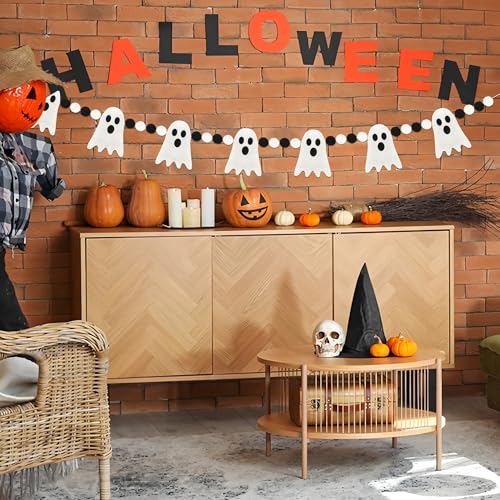 Halloween Ghost Felt Garland with Pom Poms - 4 Ft Spooky Party Decor