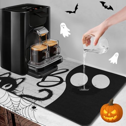 Halloween Ghost Coffee Mat Set - 2 Pack, 12x19 Inch Countertop Protector with Variation Ghost Cat