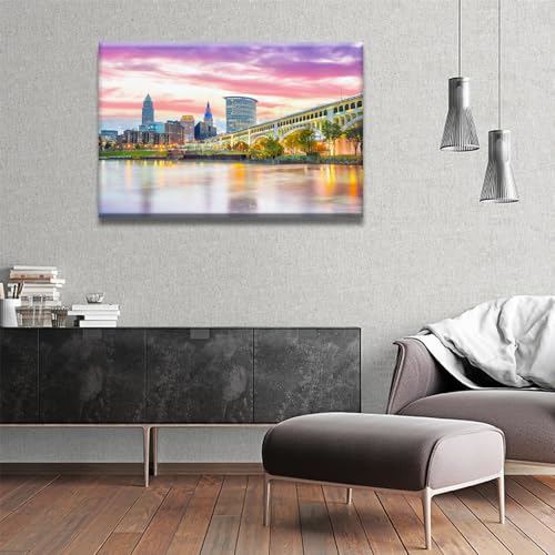 Cleveland Skyline Wall Art - Downtown Sunset Canvas Panel 36x24 Inches - Ready to Hang