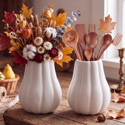 2-Piece 6-Inch Fall Pumpkin Vase Set Ceramic DIY Autumn Decor - Unpainted, White - Variation 2