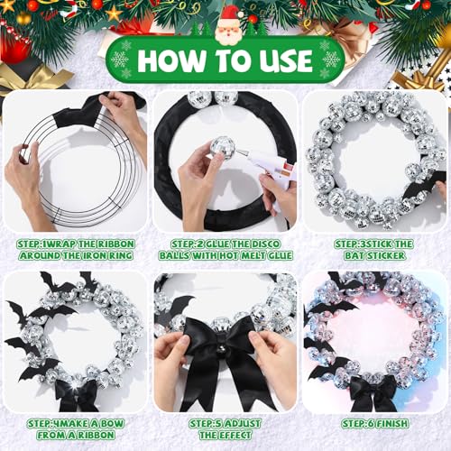 12-Inch Halloween DIY Disco Ball Wreath with Bats & Ribbons for Front Door