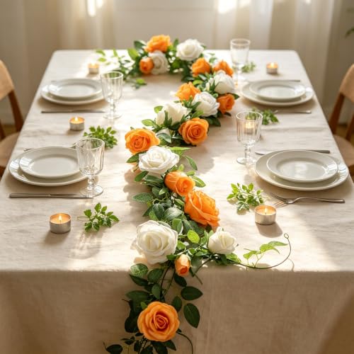 GREENTIME 2-Pack Orange White Flower Garland - 6.5Ft Rose Vine Decor