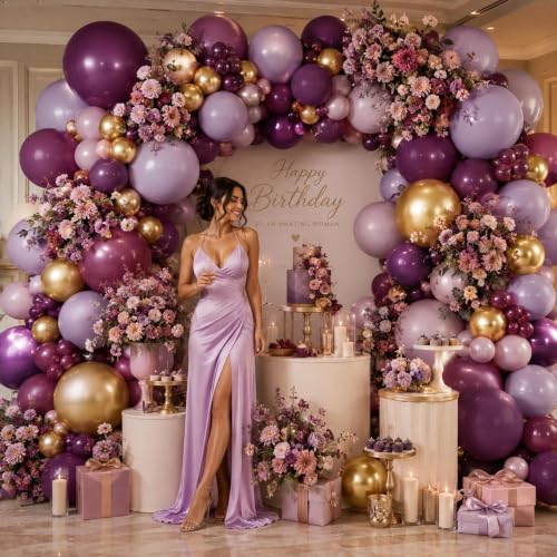 Dark Purple Pink Balloon Garland Kit Double Stuffed Plum Mauve Burgundy Gold Arch with 5-18 Inch Balloons - Variation of Dark Purple Pink Gold