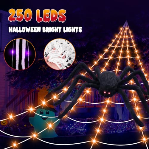 Orange Halloween Spider Web with 250 LED Lights & 59-Inch Giant Spider