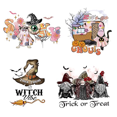 Halloween Iron-On Patches Heat Transfer Stickers – Ghost Pumpkin Trick or Treat Cute Fabric Appliques - 6 Sheets