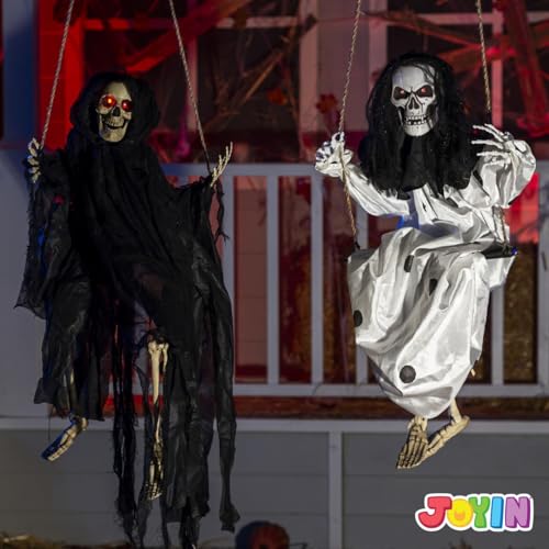 Black & White Swinging Ghosts Halloween Decorations with Lighted Eyes - Outdoor Yard Decor Set