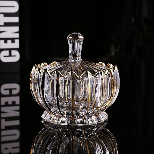 Hand Painted Gold Glass Candy Dish with Lid - Decorative Nut & Fruit Bowl
