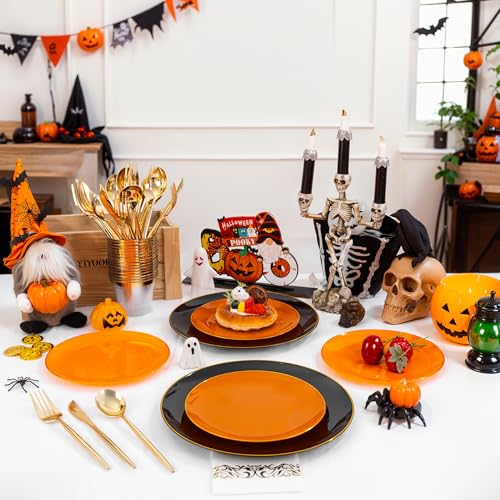 Black and Orange Disposable Plastic Plates Set - 210 Pieces, Halloween Party Dinnerware