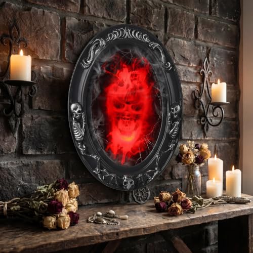 Halloween Haunted Mirror Animatronic Skull Wall Decor - Motion Activated, 12x9.5 in