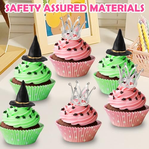 Halloween Witch Hat and Crown Cupcake Toppers Set - 12 Pcs Food-Safe Decorations