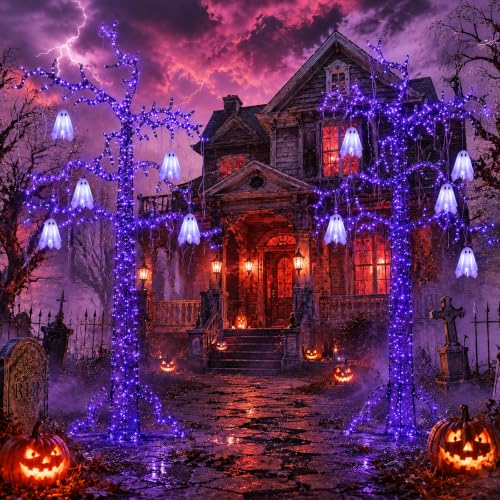 Lighted Halloween Tree with Ghosts and LED Lights, 8ft Spooky Garden Decor