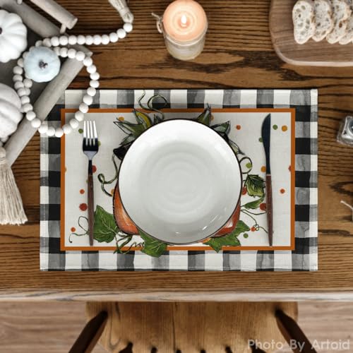 Pumpkin Buffalo Plaid Fall Placemats Set of 2 - 12 x 18 Inch Rectangular Black & Orange