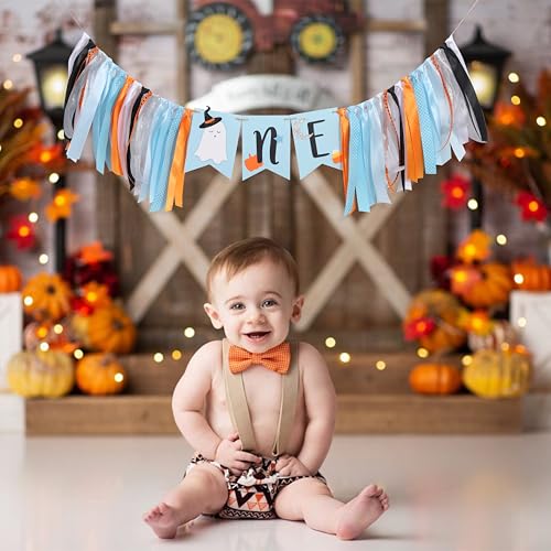 Halloween Ghost First Birthday Banner for Boys - Spooky Baby Party Decor, Blue Ghost Celebration Flag