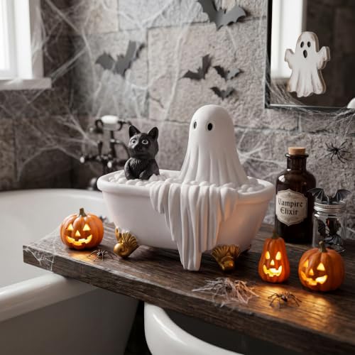 Halloween Ghost Cat Figurine in Bathtub Decor Resin Cute Spooky Home Accent