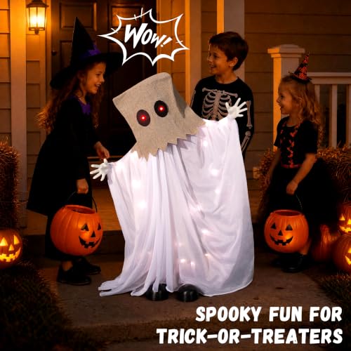 Halloween Animatronic Sack Ghost Decoration - Swinging Arms, Light Up Eyes - White - 35" - Sound Activated, Creepy Haunted House Decor