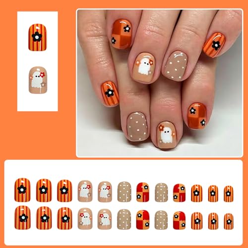Halloween Press On Nails Short Square Polka Dot Ghost Fake Nails - Variation 3