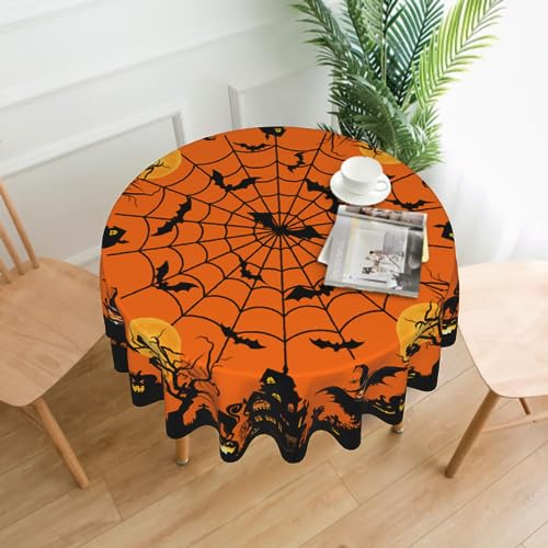Halloween Round Tablecloth 60 Inch Spooky Pumpkin Cat Web Bat Decor Variation 1